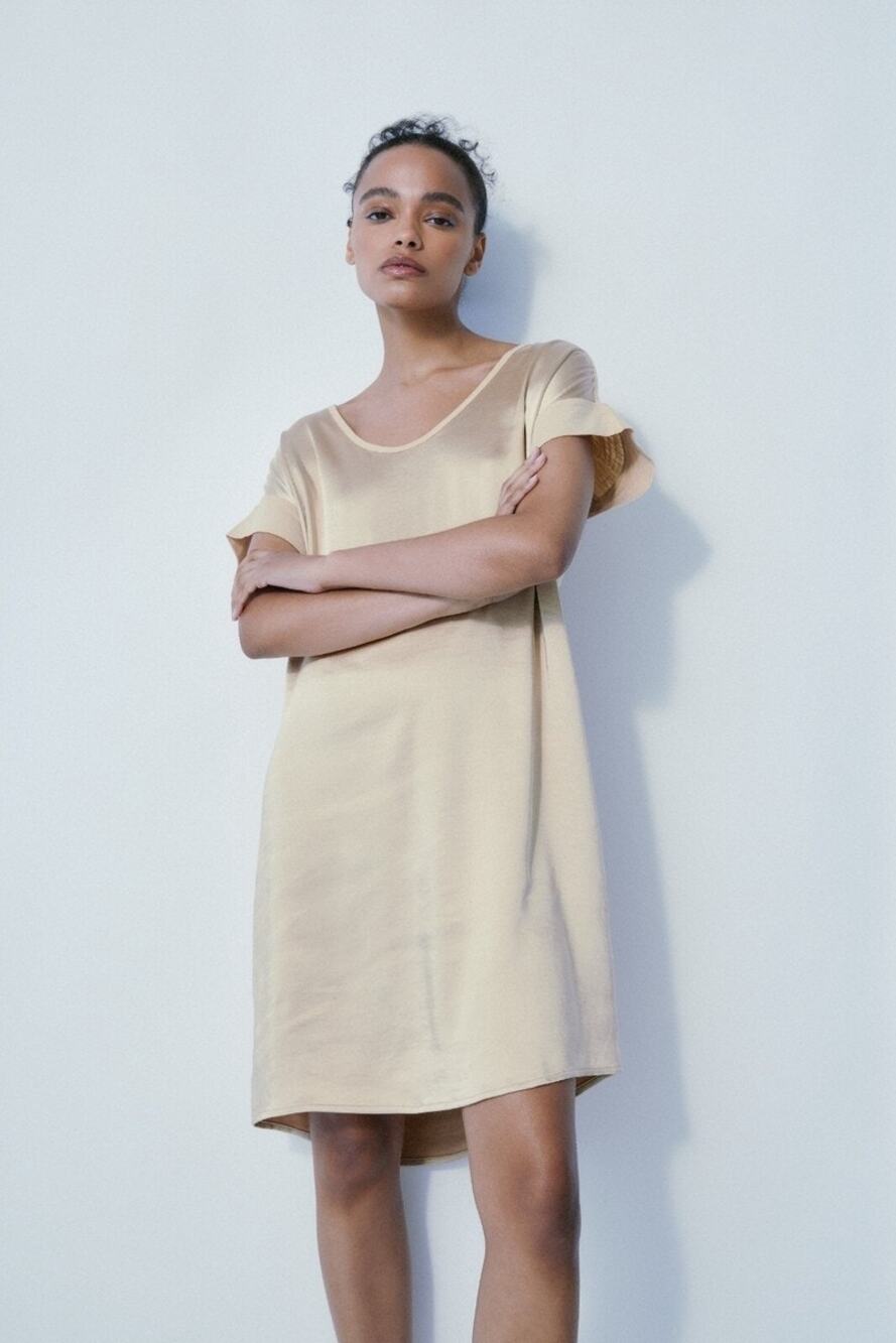 Melissa Nepton Lela Dress M Nougat Satin Shift Mini NWT Beige Minimalist